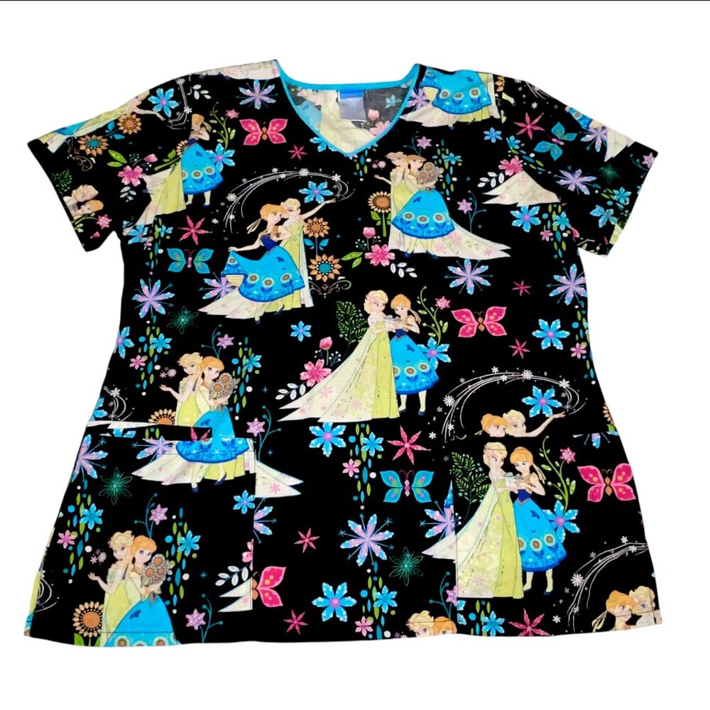 Disney Women’s Scrub Shirt Black FROZEN Elsa & Anna Flowers Floral Size Large
